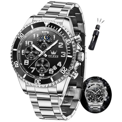 OLEVS Watch Men Luxury Black Face Silver Stainless Steel Dress Wrist Waterproof Quartz Analog Watches for Men Nice Fashion Chronograph Moon Phase Luminous Large Face Mens Watches Relojes para Hombres - Image 1