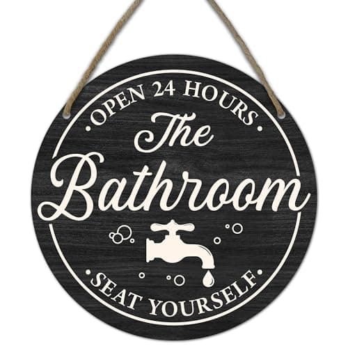 Funny Bathroom Signs Decor - Bathroom Open 24 Hours Please Seat Yourself Wooden Hanging Sign - Rustic Farmhouse Round Wooden Front Door Sign For Toilet Restroom Home Decor & Gifts -A01 - Image 1