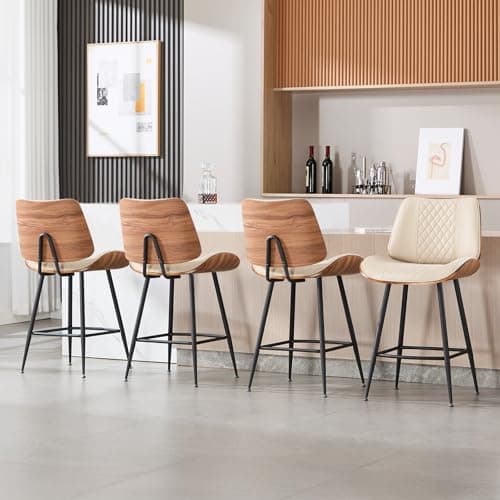 BERYTH Counter Height Barstools Set of 4, 26.9" Armless Stools with Metal Legs, Walnut Pub Chair in Modern Style, PU Leather Bentwood Bar Chair for Home Counter, Kitchen Dining Island, Cafe(Beige) - Image 1
