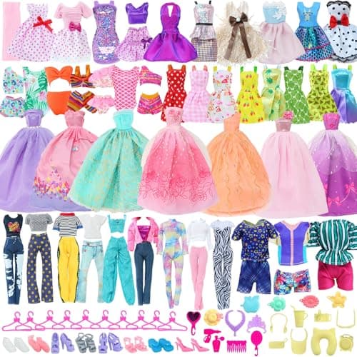 BJMOWIN 50pcs Doll Clothes and Accessories Including 2 Gowns 5 Short Dresses 2 Swimsuits 3 Tops and Trousers 10 Shoes 10 Hangers and 18 Accessories for 11.5 Inch Doll (No Dolls) - Image 1