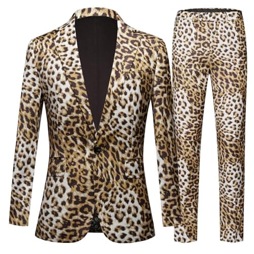 Mens 2 Piece Suit, Floral Notch Lapel, One Button Slim Fit, Dinner Party Jacket Pants Set (US, Alpha, Large, Regular, Regular, Leopard Print)