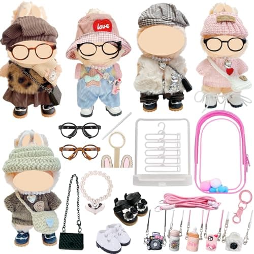 5-Set Clothes Bundle for Doll, Includes 5 Mini Hangs, Large Clear Display Bag with Strap Keychain, 5 Hangers and Rack, Bag, Glasses, Necklace, Shoes Accessories for Dressing up(No Doll) - Image 1