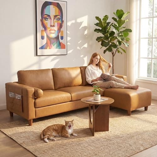 Vesgantti 100" L Shaped Faux Leather Couch with Movable Ottoman, 3 Seater PU Leather Sectional Sofa with Side Pocket, Mid Century Modern Modular Couch for Living Room, Bedroom, Cognac Tan - Image 1
