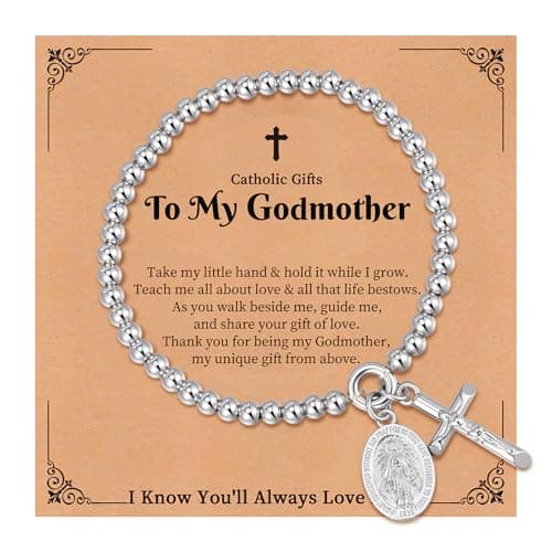 Goxygen Cross Virgin Mary Beaded Bracelet -14K Gold Plated Copper Stretch Bracelet, Dainty Elastic Bead Chain Gift for Her, Religious Jewelry for Baptism Confirmation Catholic(to My Godmother-Silver) - Image 1