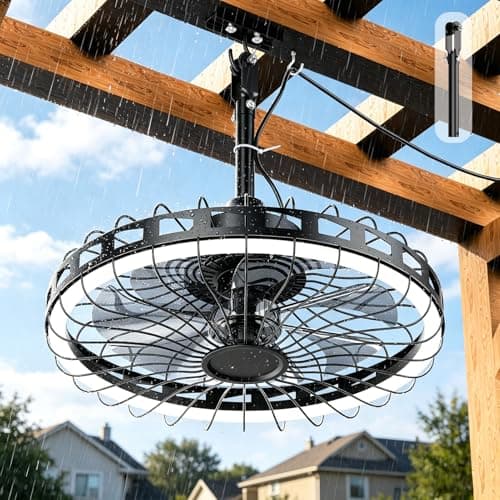 Unenrui 20" IP65 Waterproof Outdoor Ceiling Fan with Light, Plug-in Caged Design, 3CCT Dimmable & 6-Speed Adjustment for Patio Porch Pergola - Image 1
