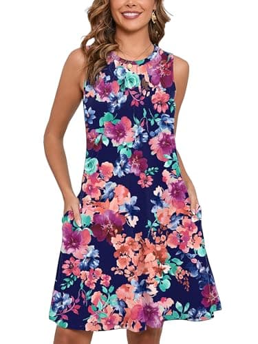 Heymoments Women Summer Dress Blue Colored Flower Small Sleeveless Crew Neck Casual Cute Loose Fitting Tank Sundress Comfy Swing Midi Flowy A-line Trendy Beach Vacation Teacher Dresses with Pockets - Image 1