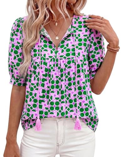 PRETTYGARDEN Womens Summer Boho Tops 2026 Vacation Outfits Casual Tie Front V Neck Peasant Blouses Puff Short Sleeve Shirts(Floral Green,XX-Large) - Image 1