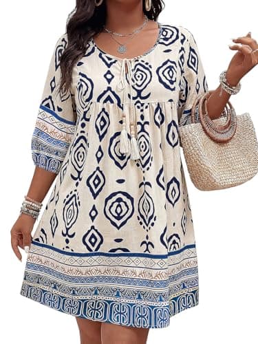 Bulotus Boho Dresses for Women Plus Size Dress 3/4 Sleeve Holiday Party Travel Trendy Fashion Summer Dress Ladies Tunic Beach Loose Fit Oversized Blue Eye-grabling Spring Summer Clothes XL - Image 1