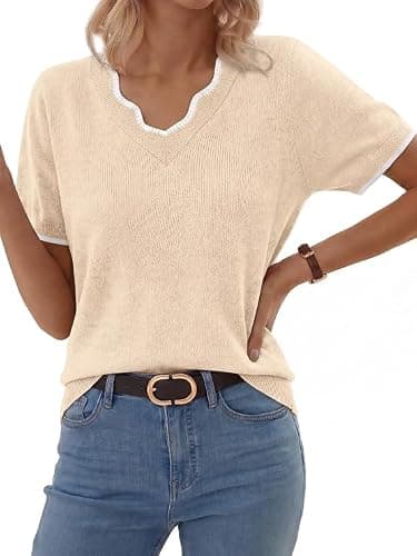 GKBK Women Short Sleeve V Neck Sweater Lightweight Pullover Top Fashion Clothing for Business Casual Work Outfits Spring Summer 2026 Apricot Medium - Image 1
