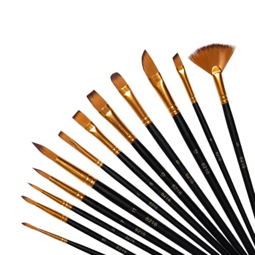 Paint Brushes Set, 12 Pack Artist Brushes with Nylon Bristles, Round Flat Angled Fan Tips for Acrylic, Oil, Watercolor, Gouache, Canvas, Fabric, Rock, Craft Painting, Black - Image 1