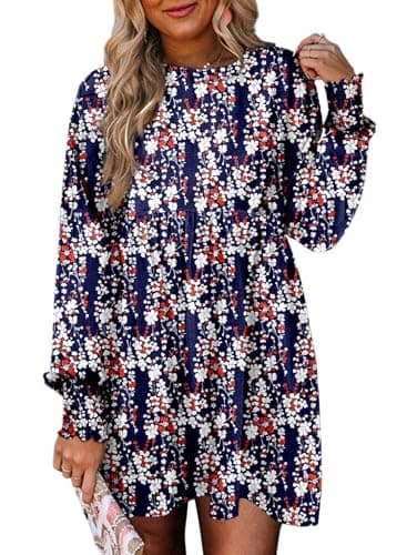Dokotoo Spring Dresses for Women 2026 Casual Boho Floral Plus Size Dresses Cute Crew Neck Long Sleeve Empire Waist Mini Babydoll Dress Flowy Wedding Guest Tunic Shift Dress Dark Blue Small - Image 1