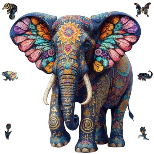Wooden Puzzles for Adults, Elephant Wooden Jigsaw Puzzle 200 Piece, Unique Animal Shaped Wooden Puzzle for Adults and Kids, Fun Challenging Floral Elephant Puzzles for Family Game Wall Decor 11*10.4in - Image 1