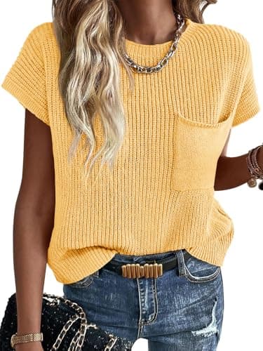 Imily Bela Summer Fall Short Sleeve Sweater for Women 2026 Crew Neck Ribbed Knit Vests Trendy Pullover Tops Yellow - Image 1
