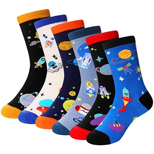 SeeyAN Boys Socks Kids Funny Cotton Novelty Crew Cartoon Space Dinosaur Crazy Socks 6 Pairs (6 Pairs Space, 3-5 Years) - Image 1