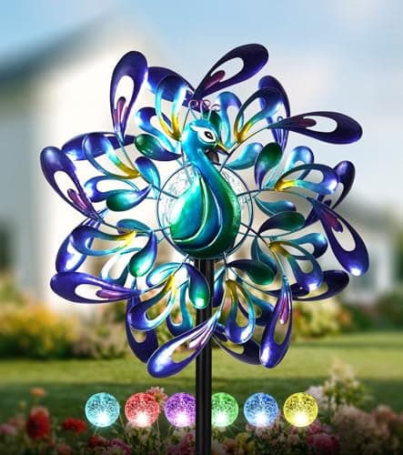 VUFOZ Peacock Wind Spinners Outdoor for Garden, Colorful Metal Kinetic Yard Art with Radial Motion, Decorative Outdoor Wind Sculpture for Lawn, Patio & Walkway - Image 1