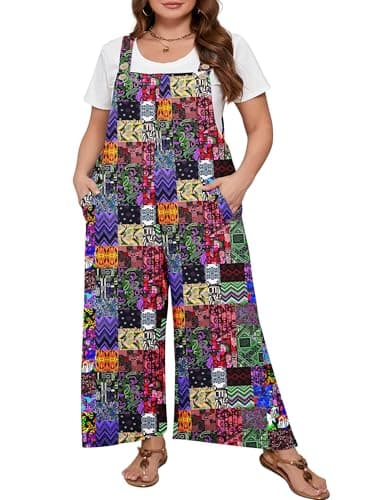 AusLook Plus Size Women's Adjustable Straps Jumpsuits Colorful Patchwork 2X Casual Loose Wide Leg Overalls with Pockets - Image 1