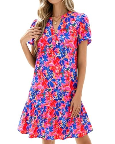 dowerme Womens Summer Dresses 2026 Puffy Sleeve V Neck Loose Floral Print A Line Boho Mini Babydoll Dress with Pockets(Blue Pink,Small) - Image 1