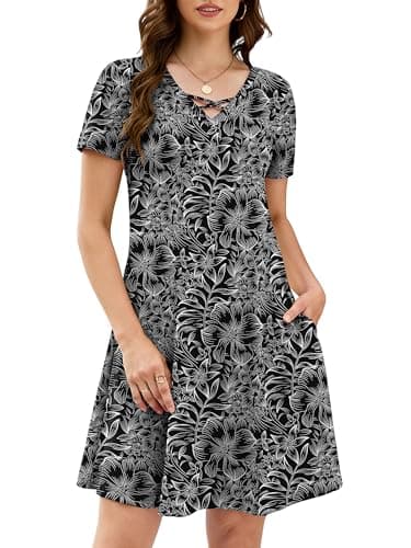 KORSIS Women's Midi Dresses Summer Casual T-Shirt Short Sleeve Criss Cross V Neck Swing Soft Loose Beach Party Vacation midi Soild Dress with Pockets (S-2XL) - Image 1
