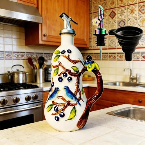 Hand-Painted Ceramic Relief Olive Oil Bottle Dispenser, with Handle Decorative Olive Oil Dispenser Bottle, Kitchen Ceramic Oil Vinegar Bottle Seasoning Bottle with Stainless Steel Spout & Funnel - Image 1
