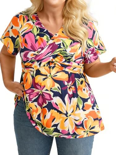 Charming Ashley Plus Size Floral Print Blouse for Women V Neck Short Sleeve Summer Spring Top Casual Shirt Orange - Image 1