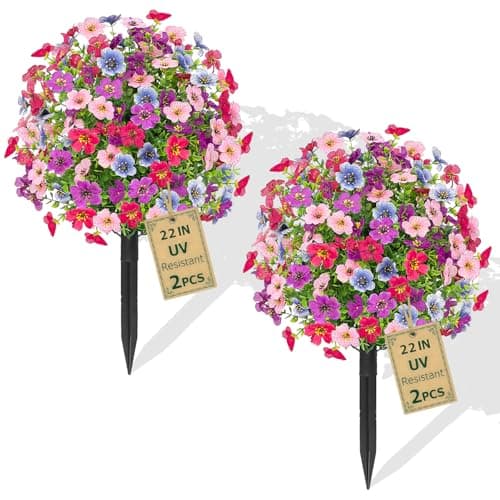 2 Pack Artificial 4 Colors Flowers Topiary Ball Tree, 22" Fake Plants with Ground Spike, UV-Resistant Faux Shrub, Realistic Artificial Colorful Bushes for Indoor/Outdoor Front Porch & Garden Decor - Image 1