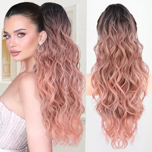 LRSICAL Ponytail Extension, Claw Clip Ponytail Extension Long Wave Ponytail Extensions for Women Fluffy Natural Synthetic 26 Inch Hairpiece for Daily Use(Color:Ombre Black to Pink) - Image 1