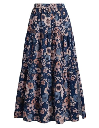 Kate Kasin Women's Boho Maxi Skirt, Floral Printed Flowy Long Skirts, Summer Beach Vacation Outfits with Pockets(Navy Blue Flower) - Image 1