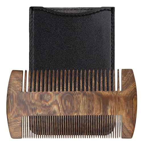 YAKUNCL Handmade Black Sandalwood Beard & Mustache Comb for Men, Double-Sided Fine Tooth Wooden Beard Comb with PU Leather Case, Wooden Pocket Comb for Scalp Massage & Beard