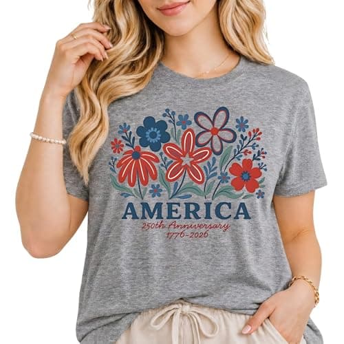Women's 4th of July Shirts America 250th Anniversary T-Shirt Patriotic Floral Graphic Tee Casual Summer Top Grey - Image 1