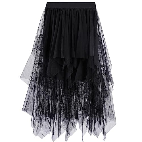 Women's Tiered Tulle Skirts A-Line Asymmetrical Skirt Tea-Length Elastic High Waist Tutu Skirts for Prom Party (Black) - Image 1