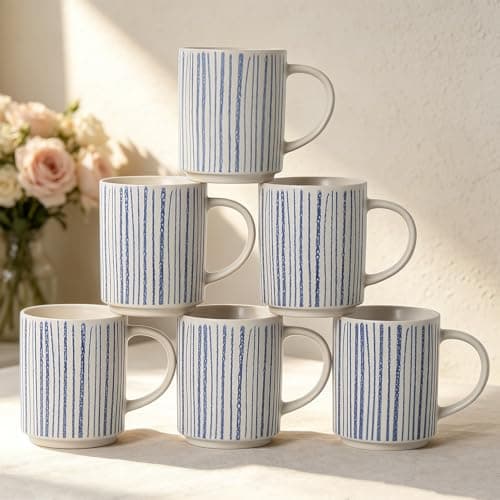 ALOFMO Ceramic Mugs Set of 6, Modern 17oz Coffee Mugs, Stackable Coffee Cups with Handpainted Blue Stripe Pattern, Dishwasher and Microwave Safe Mugs for Home & Office - Image 1