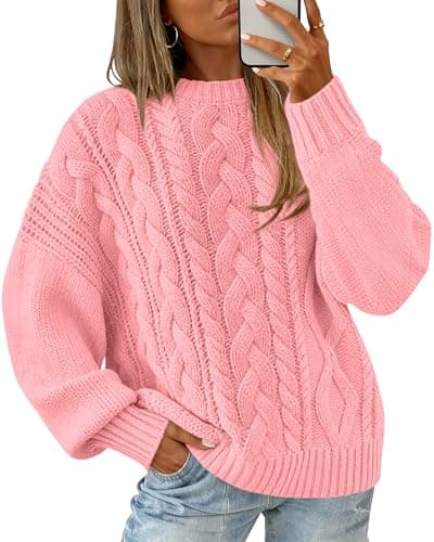 BTFBM Women's Oversized Sweaters 2025 Batwing Long Sleeve Cable Knit Crewneck Pullover Tops Fall Outfits Winter Clothing(Pink, Small) - Image 1
