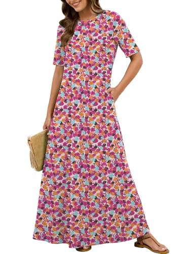 KORSIS Women's Maxi Dresses Mid Sleeve Flowy Summer Fall Winter T-Shirt Cocktail Long Dress Loose Fit Layering Sundress with Pockets Vibrant Bloom Small - Image 1