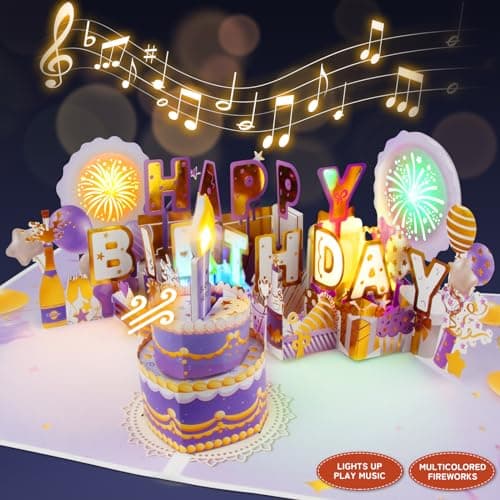XTF2015 Firework Birthday Cards,Music & LED Lights 3D Pop Up Greeting Card with Blowable Birthday Cake, Comes with Digital DIY, Sticky Note and Envelope, for Lover, Family and Friend - Image 1