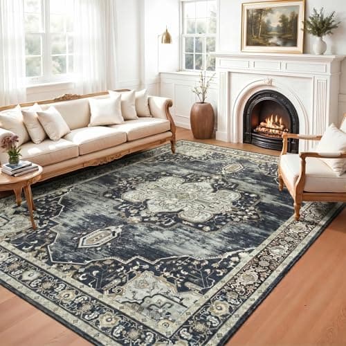 Vibrug Washable Rugs for Living Room Bedroom, 5x7 Area Rugs for Kitchen Office Nursery, Non Slip Low Pile Rug Indoor, Vintage Boho Print Floral Carpet, Retro Black Brown - Image 1
