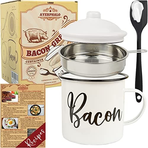 Bacon Grease Container with Strainer - With Food-Grade Silicone Spatula , 46oz Large Enamel Rustic Farmhouse Fat Container , Keeper , Recipes , Dishwasher Safe - Image 1