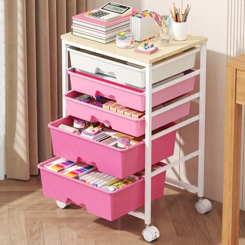 Goovilla Rolling Cart with Drawers, Utility Cart Organizer with 5 Removable Drawers and Wooden Tabletop, Lockable Rolling Storage Organizer for Art, Classroom, Home, Dorm, Office, Craft Storage, Pink