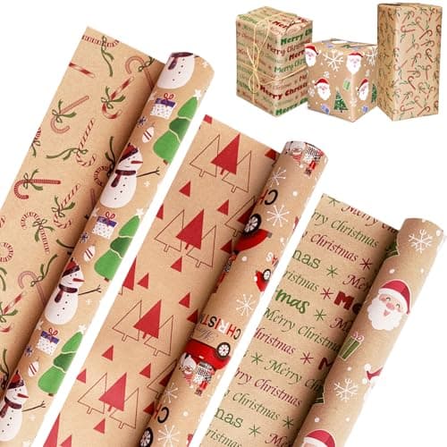 Homelyhi Christmas Wrapping Paper Rolls, 3 Rolls Recyclable Kraft Holiday Xmas Gift Wrap Reversible Prints with 6 Patterns, Santa, Rustic Red Trucks, Tree, Snowflake, Candy Cane, 17 Inch x 9.8 Feet - Image 1