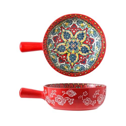 JINNTHE Bohemian Ceramic Soup Bowl with Handle 1PC – 23oz Spaghetti Bowl, 8.66" Length – Wide and Shallow for Soup, Colorful Floral Interior – Microwave & Dishwasher Safe Pasta Salad Dish Red - Image 1