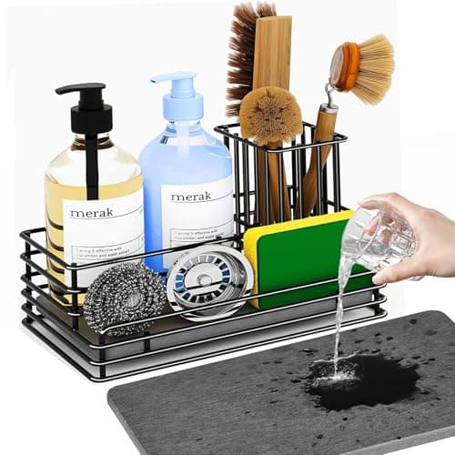 Yofidra Kitchen Sink Caddy: Sink Sponge with Instant Drying Stone, Metal Stainless Steel Dish Sponge Holder Basket for Sponges, Scrubbers, Soap, 9.5" X 5.5" X 5.7" Home Decor Storage and Organization - Image 1