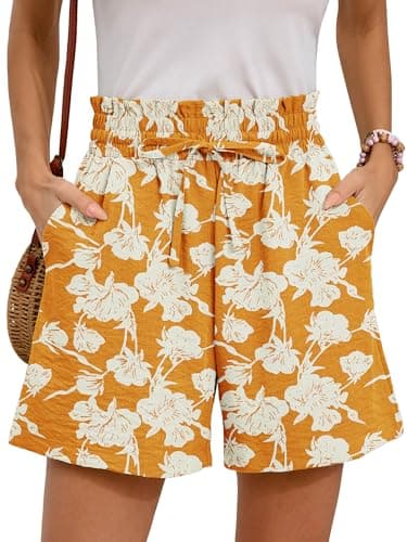 Moodclo Women's Wide Leg Shorts White Flower Yellow X-Large Summer Comfy Casual with Pockets High Waisted Drawstring 2026 Flowy Beach Vacation Trendy Clothes - Image 1