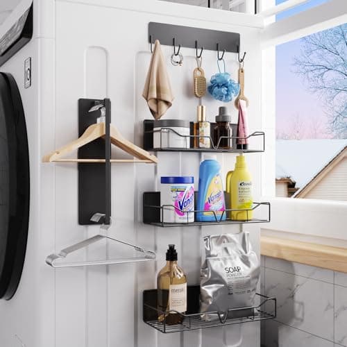 Magnetic Shelves for Washing Machine, 5 Pack Heavy Duty Laundry Shelf Organizer with Hooks, Strong Magnetic Storage Rack for Washer, Dryer, Refrigerator & Kitchen Laundry Organizer (Black) - Image 1