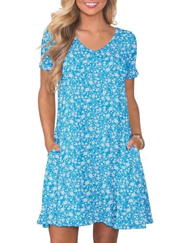 Moodclo Womens Summer Dresses White Floral Print Medium Short Sleeve V Neck Loose Swing Sundresses with Pockets Plain/Patterned Business Work Travel - Image 1
