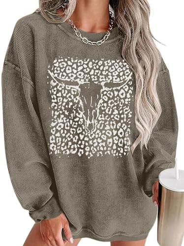 UNIQUEONE Boho Cow Skull Sweatshirt Women: Oversized Vintage Western Rodeo Graphic Tee Country Concert Outfits Pullover Tops Brown - Image 1