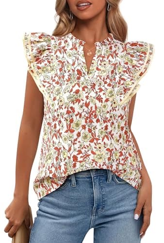 BTFBM Womens Tops Dressy Casual 2026 Spring Summer Shirts Boho Floral V Neck Ruffle Cap Sleeve Business Work Blouses(Floral Orange Yellow, Large) - Image 1