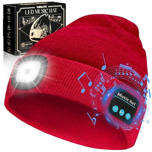VIBELITE Bluetooth Beanie Hat with Light, USB Rechargeable LED Headlamp with Wireless Headphones, Fathers Day Gift for Dad, Husband, Gifts for Men, Dad Gifts from Daughter, Wife, Red - Image 1
