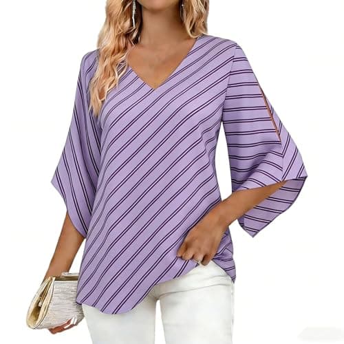 Womens Summer Tops 3/4 Sleeve, V Neck Striped Bell Sleeves Loose Fit Women's Tunic Top, Lightweight Breathable Dressy Casual Blouse Trendy Flowy Business Work Elegant Tees for Women Purple XXL - Image 1