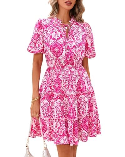 BTFBM Women Summer Floral Short Dresses V Neck Short Sleeve Tiered Ruffle Boho Swing Dress A-Line Mini Dresses(White Rose Red Floral,Small) - Image 1