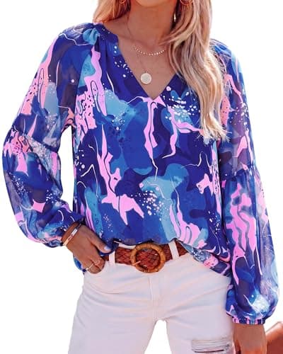 BTFBM Blouses for Women Dressy Casual Floral Summer Boho Tops V Neck Lightweight Long Sleeve Shirts Spring Clothes 2026(Print Royal Blue, Large) - Image 1