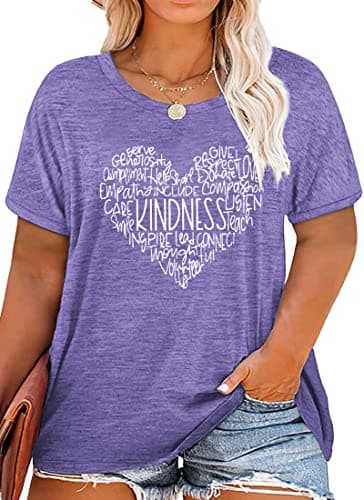 Anbech Women Plus Size Kindness Shirt Cute Heart Graphic Tees Short Sleeve Teacher Tops (Purple, 3X) - Image 1